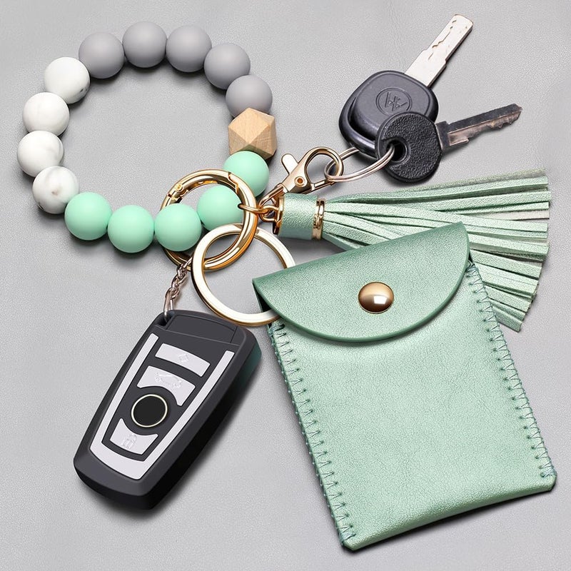 UpUDo Keychain Bracelet Wristlet, Silicone Beaded Key Ring Bracelet with Card Wallet, Elastic Keyring Bangle for Womens - Image 2